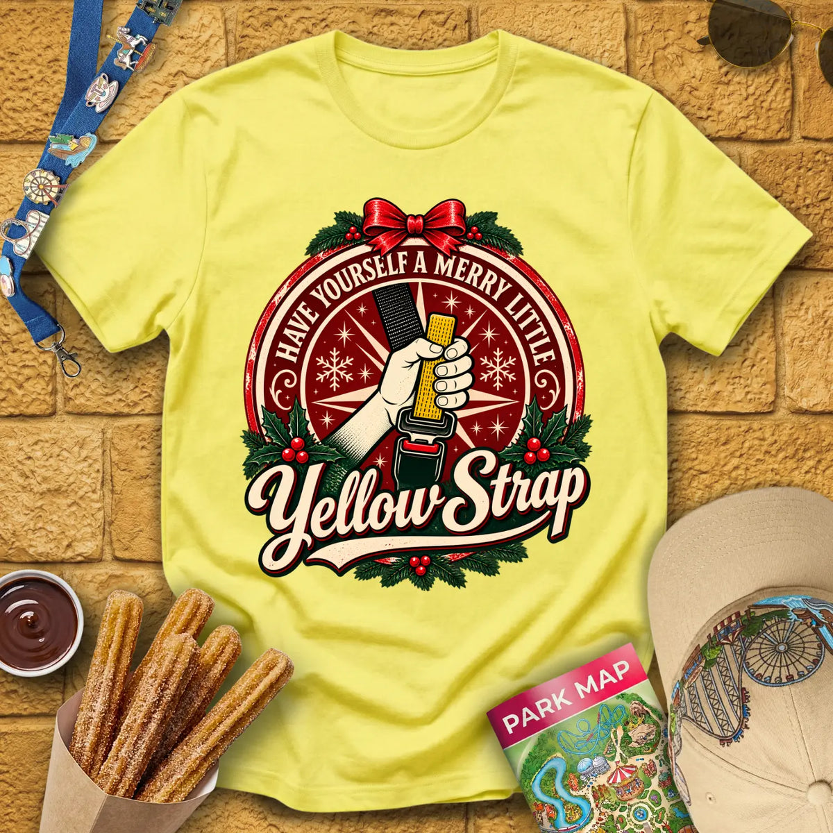 Merry Yellow Strap [Badge] T-Shirt for Theme Park Fans (Cornsilk)