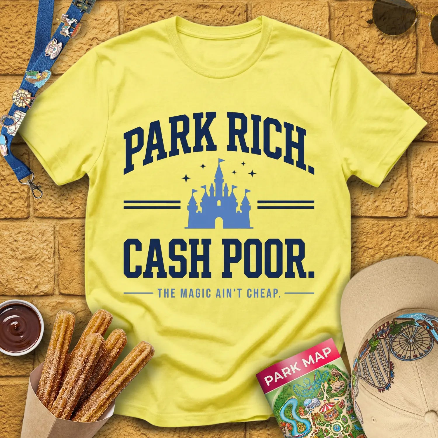 Park Rich Cash Poor [College] T-Shirt for Theme Park Fans (Cornsilk)