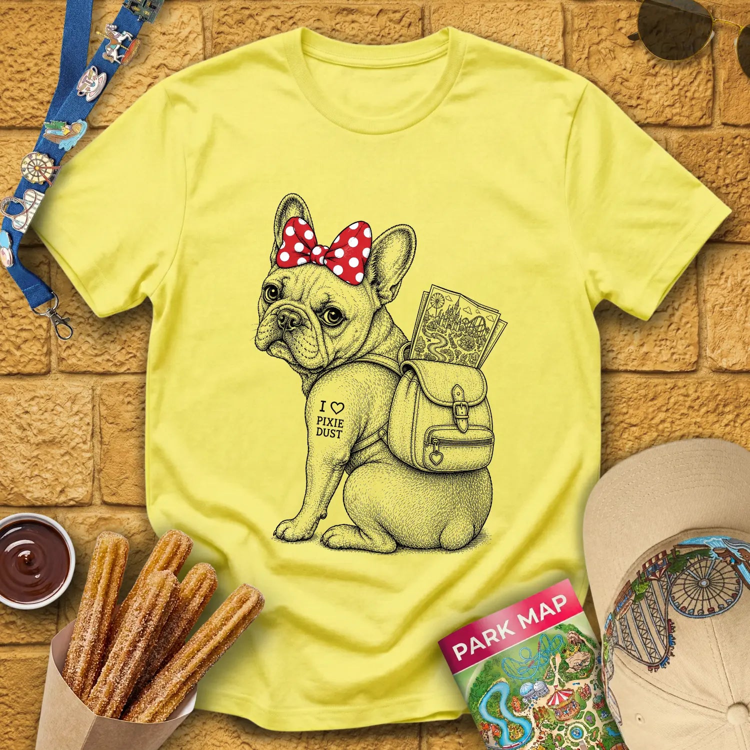 Pixie Dust Frenchie [Woodcut] T-Shirt for Theme Park Fans (Cornsilk)