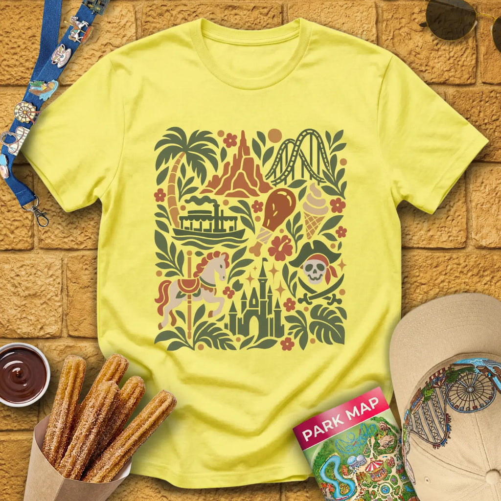 Theme Park Collage [FolkArt] T-Shirt for Theme Park Fans (Cornsilk)