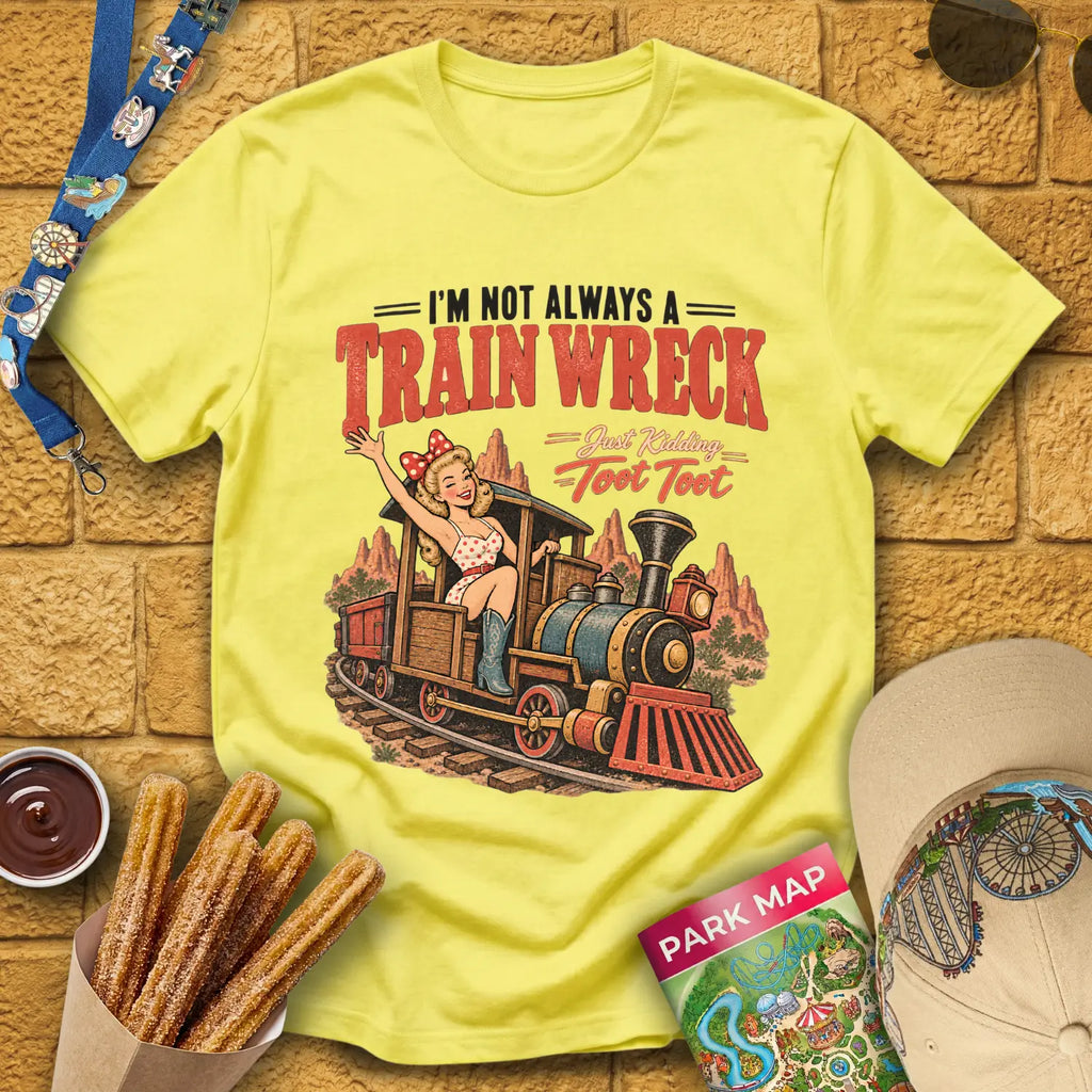 Train Wreck Lady [50s] T-Shirt for Theme Park Fans (Cornsilk)