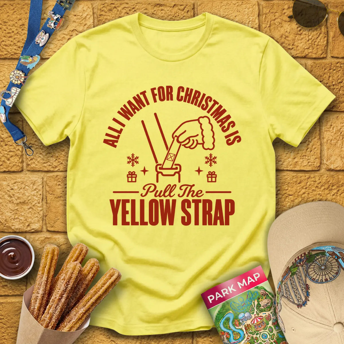 Yellow Strap Christmas [Emblem] T-Shirt for Theme Park Fans (Cornsilk)