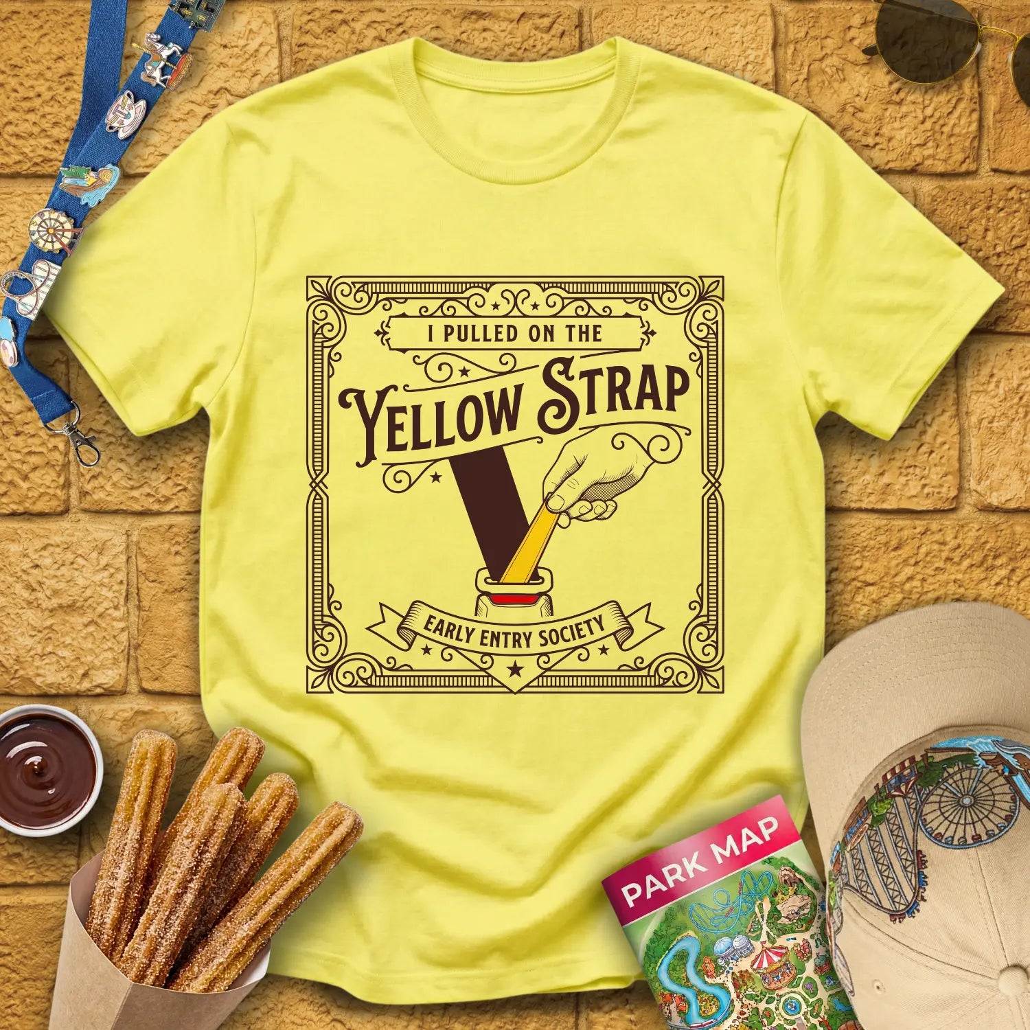 Yellow Strap [Victorian] T-Shirt for Theme Park Fans (Cornsilk)