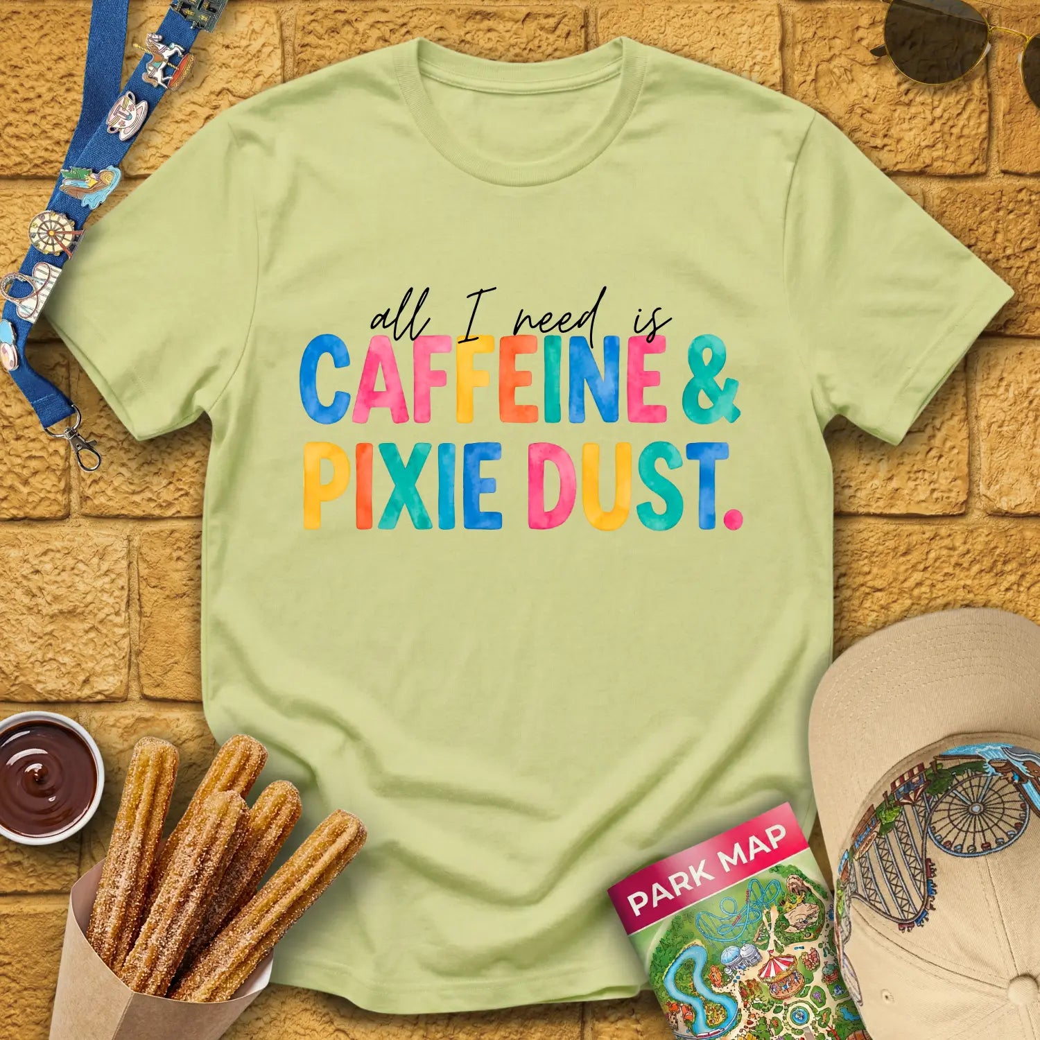 Caffeine & Pixie Dust [Colored] T-Shirt for Theme Park Fans (Pistachio)