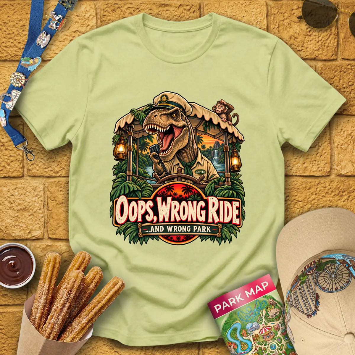 Dinosaur Skipper [Illu] T-Shirt for Theme Park Fans (Pistachio)