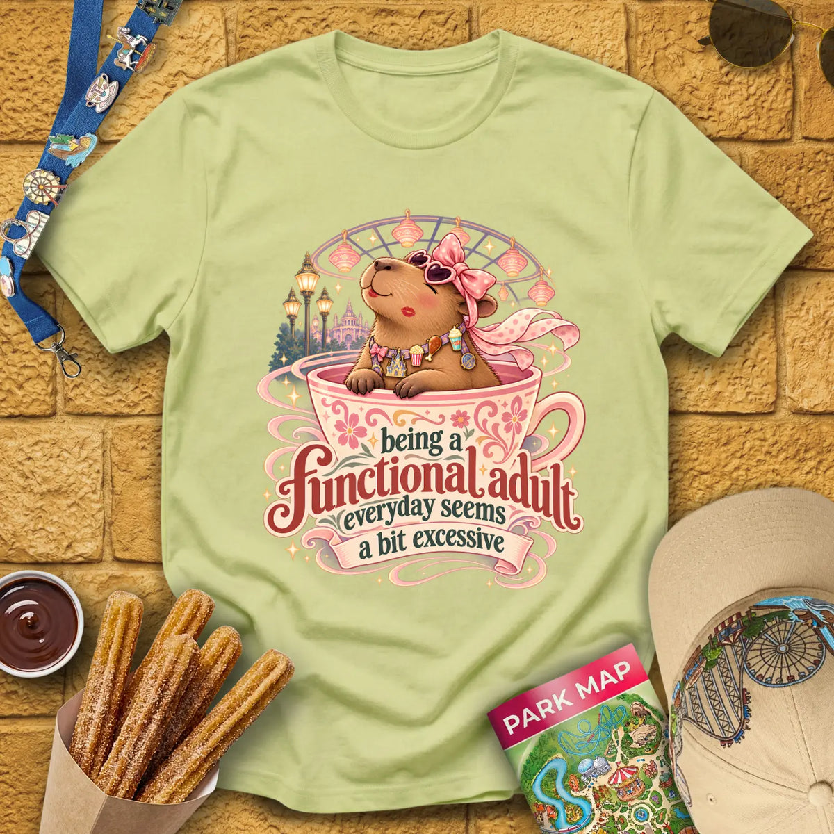 Functional Adult [Cutesy] T-Shirt for Theme Park Fans (Pistachio)