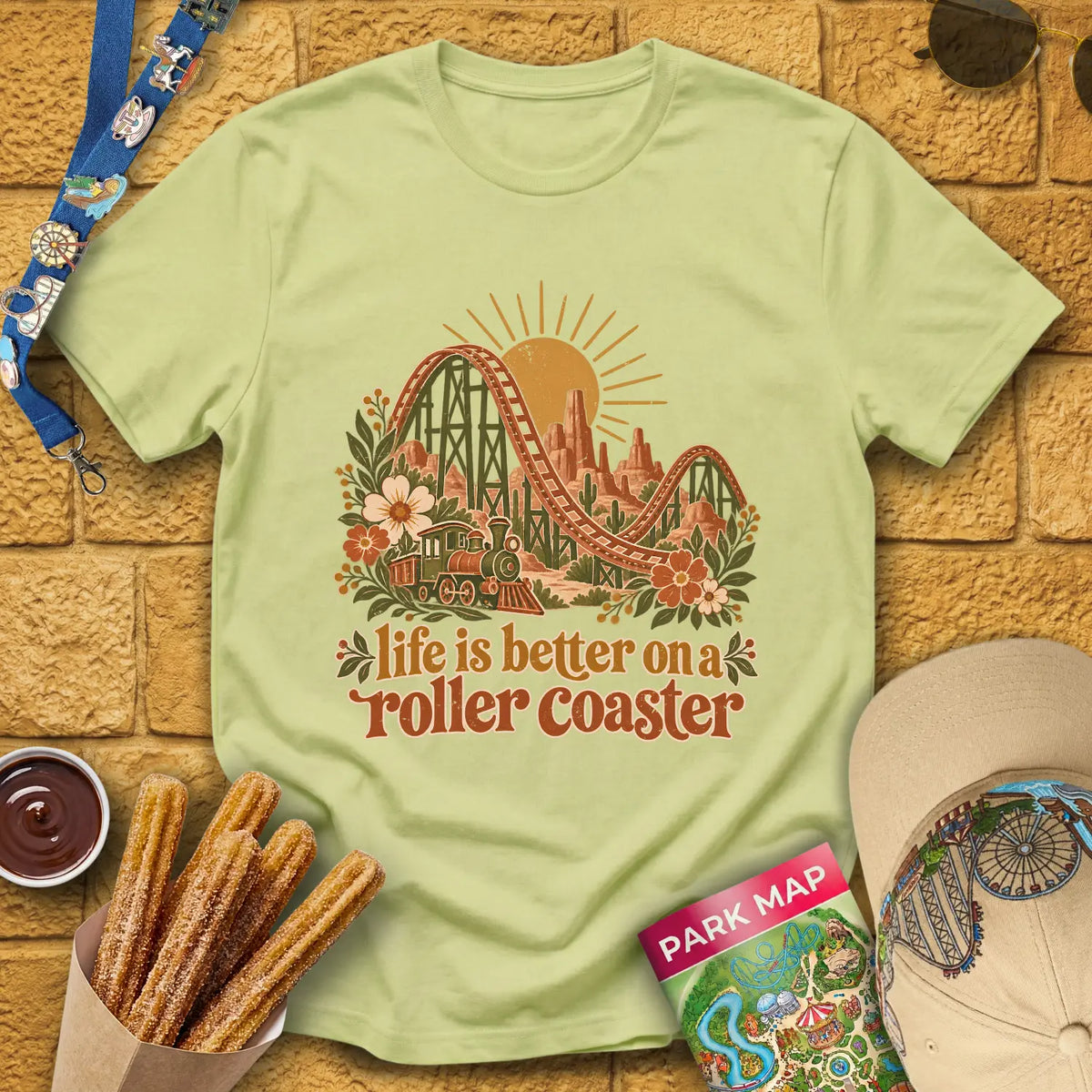 Life's Better On Coaster [Boho] T-Shirt for Theme Park Fans (Pistachio)