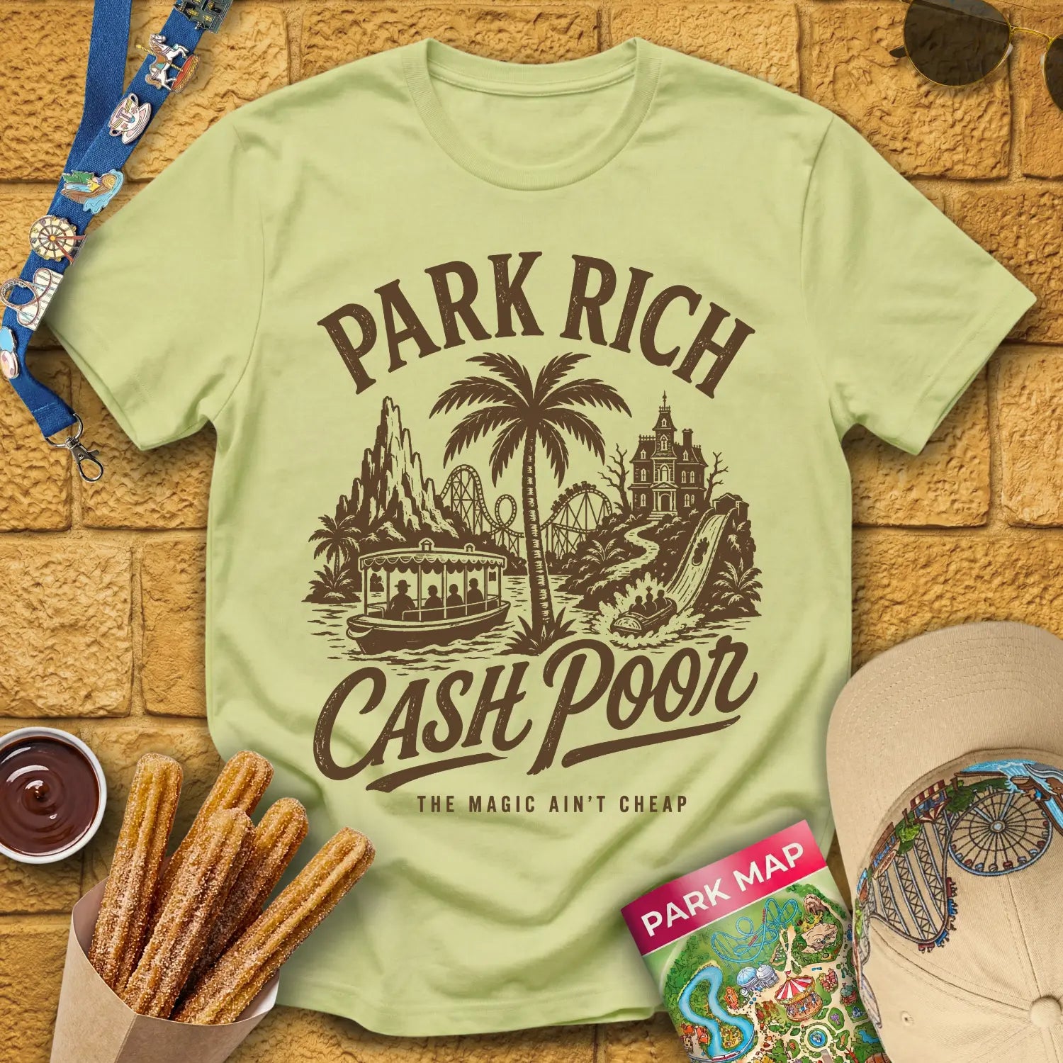 Park Rich Cash Poor [RetroBrush] T-Shirt for Theme Park Fans (Pistachio)