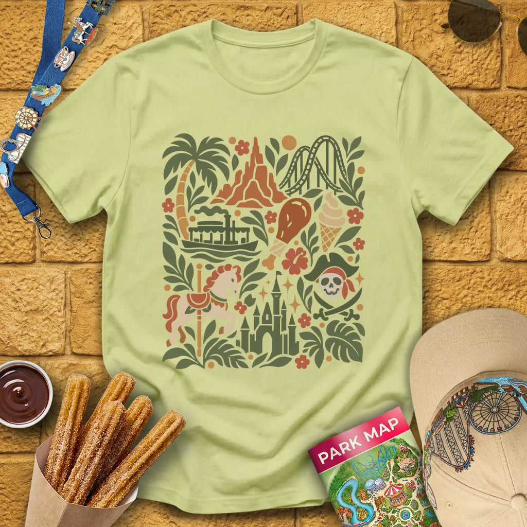 Theme Park Collage [FolkArt] T-Shirt for Theme Park Fans (Pistachio)