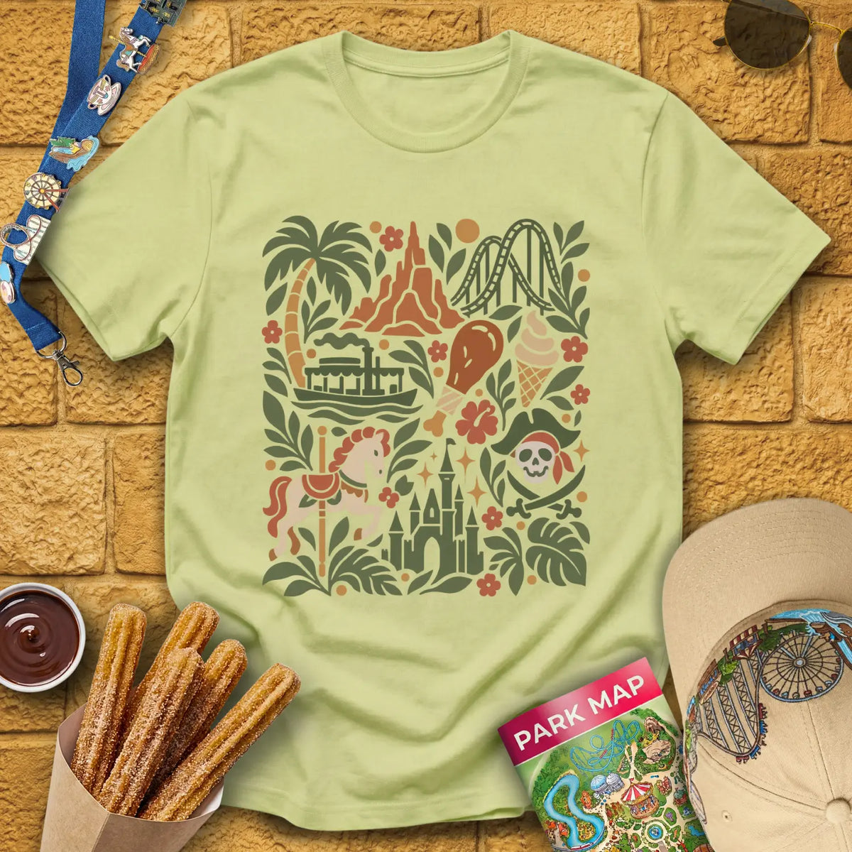 Theme Park Collage [FolkArt] T-Shirt for Theme Park Fans (Pistachio)