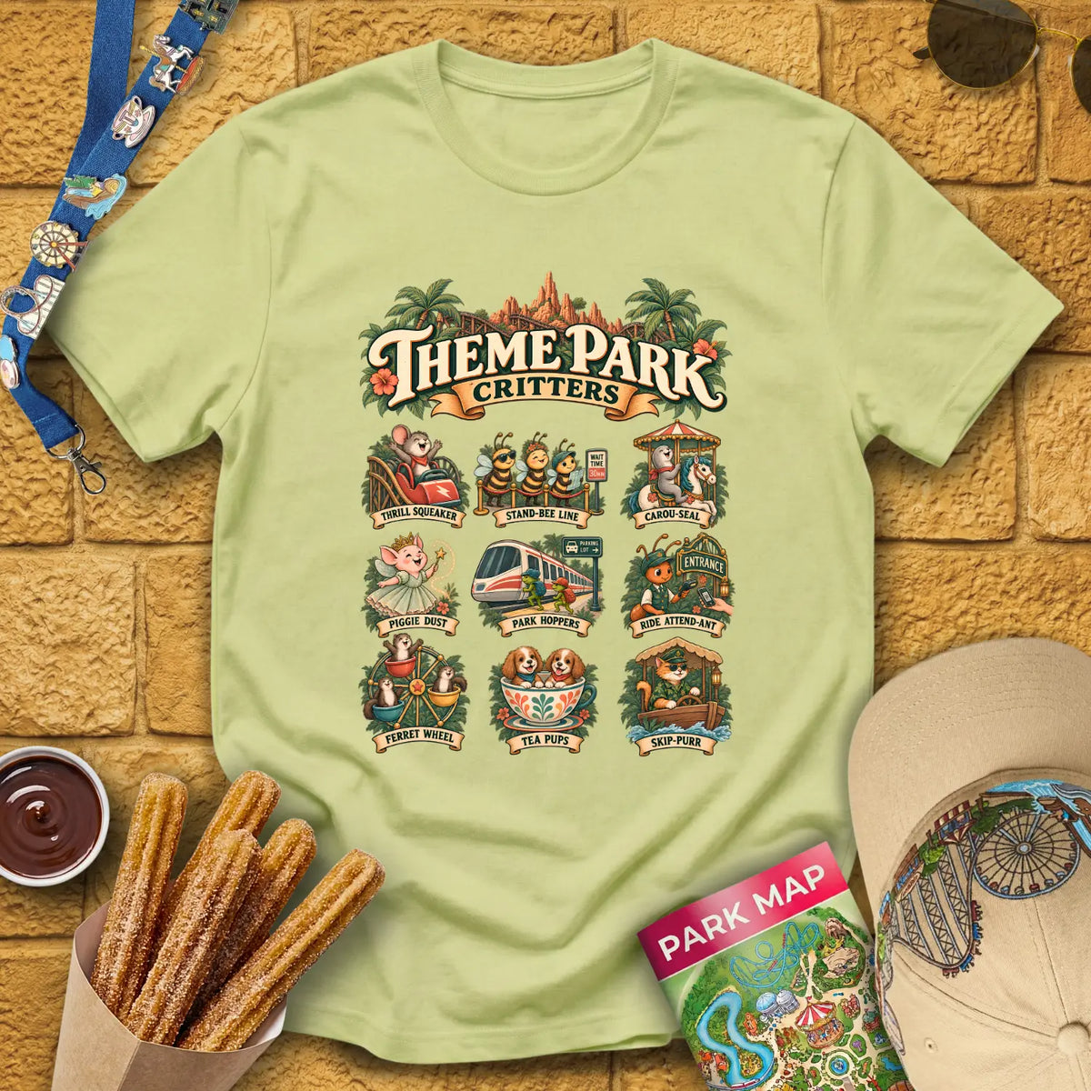 Theme Park Critters [Boho] T-Shirt for Theme Park Fans (Pistachio)
