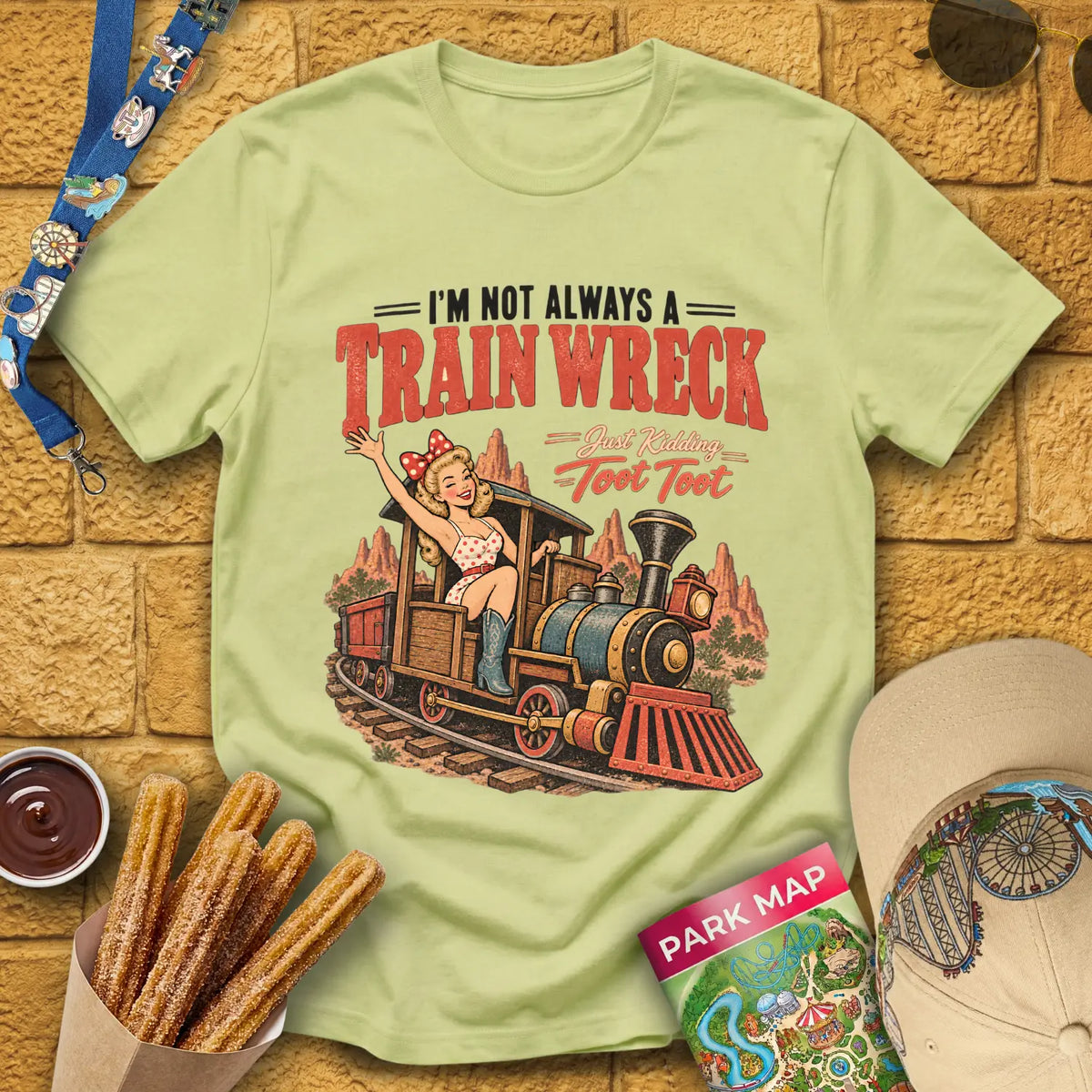 Train Wreck Lady [50s] T-Shirt for Theme Park Fans (Pistachio)