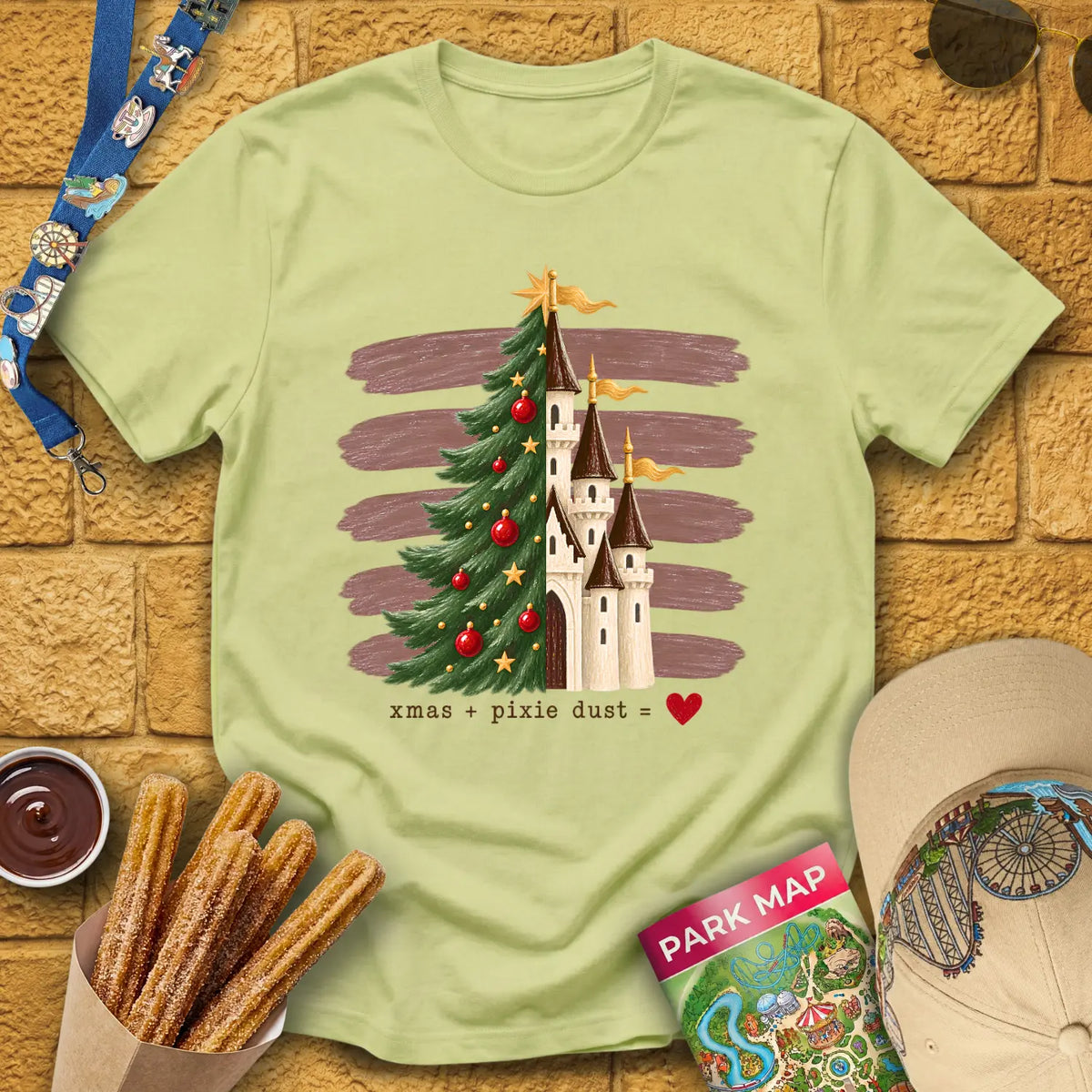 Tree & Castle [Rustic] T-Shirt for Theme Park Fans (Pistachio)