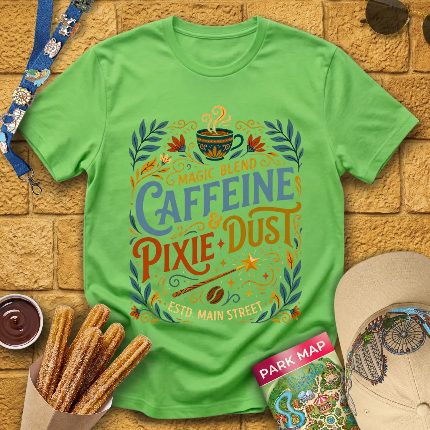 Caffeine & Pixie Dust [RetroBoho1] T-Shirt for Theme Park Fans (Lime)