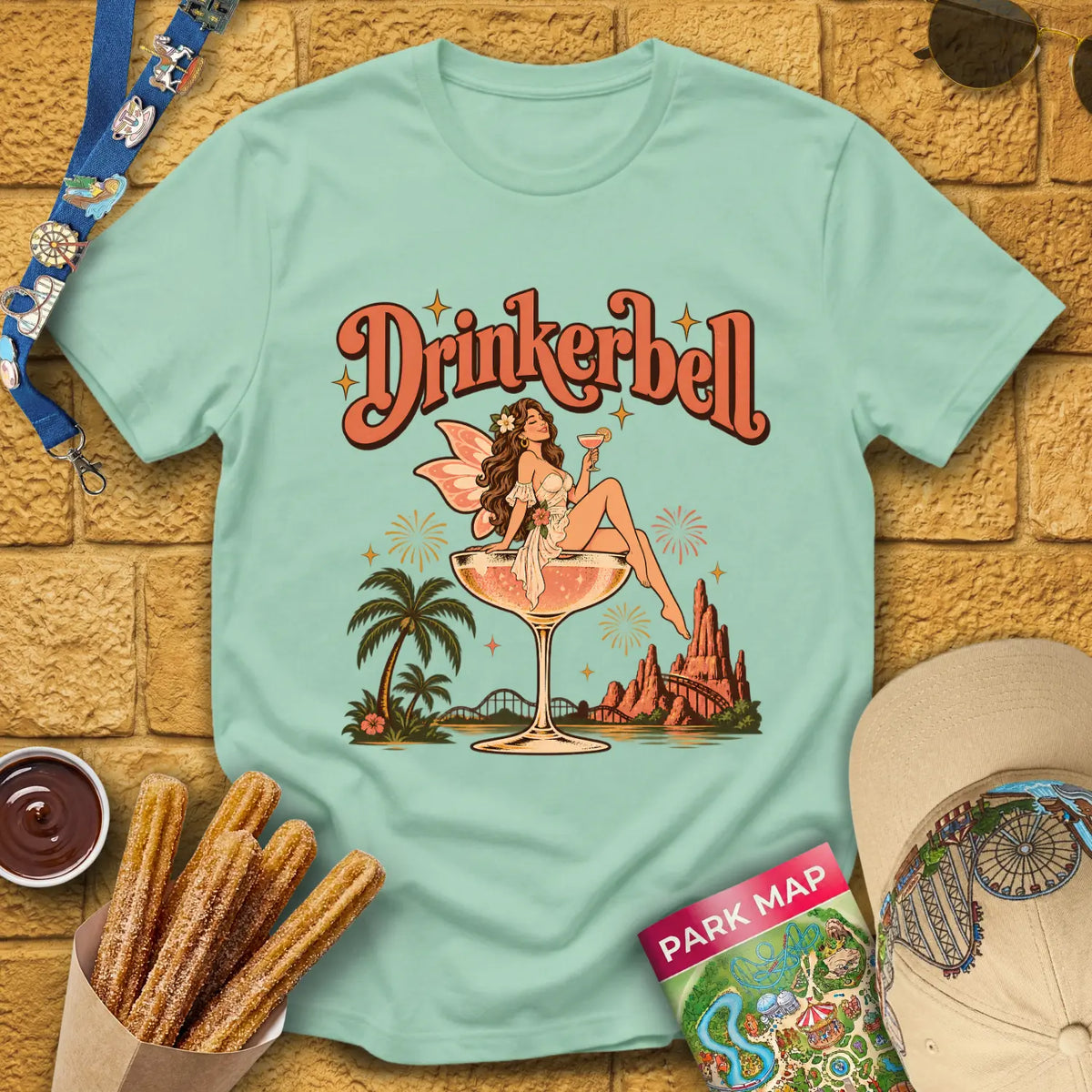 Drinkerbell [70s] T-Shirt for Theme Park Fans (Mint Green)