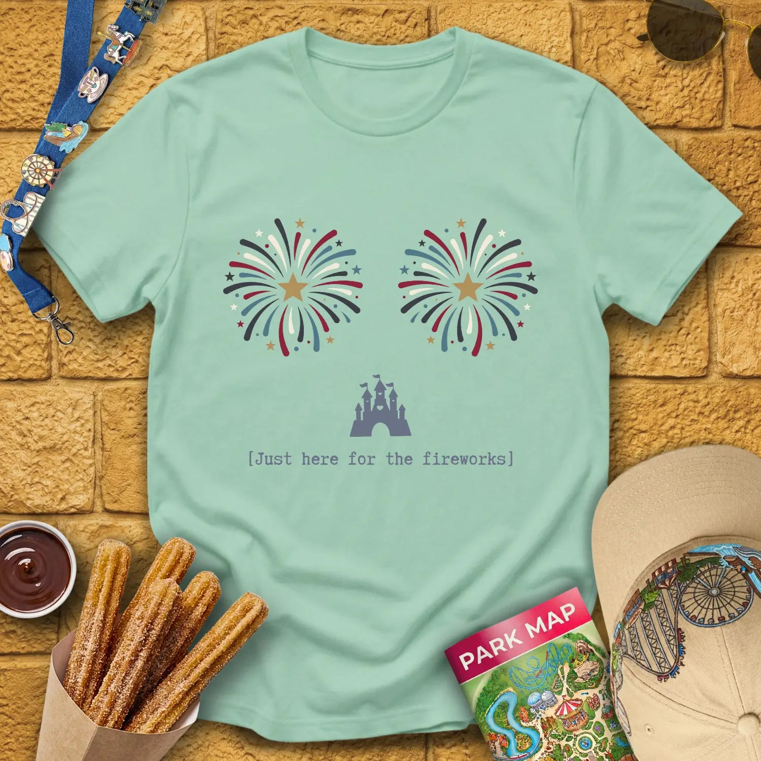 Here For Fireworks [Girly] T-Shirt for Theme Park Fans (Mint Green)