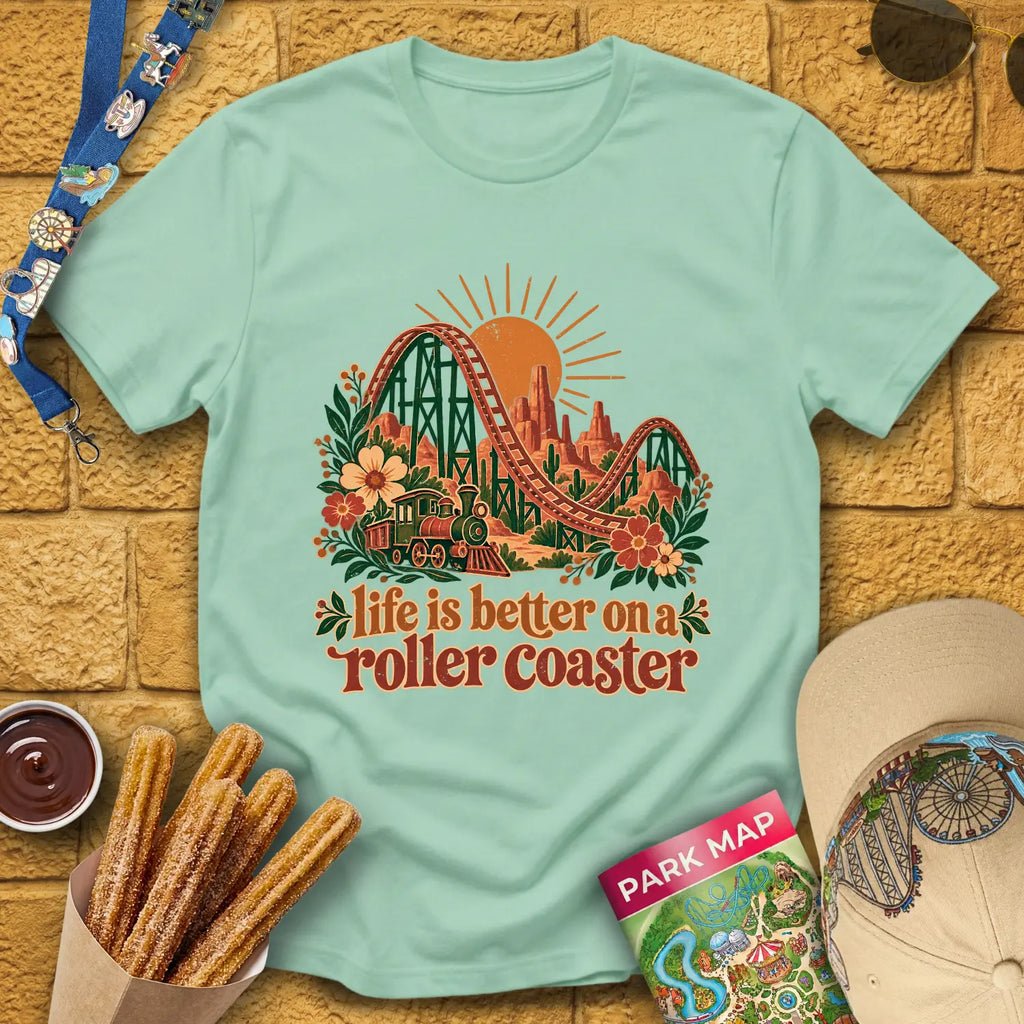 Life's Better On Coaster [Boho] T-Shirt for Theme Park Fans (Mint Green)