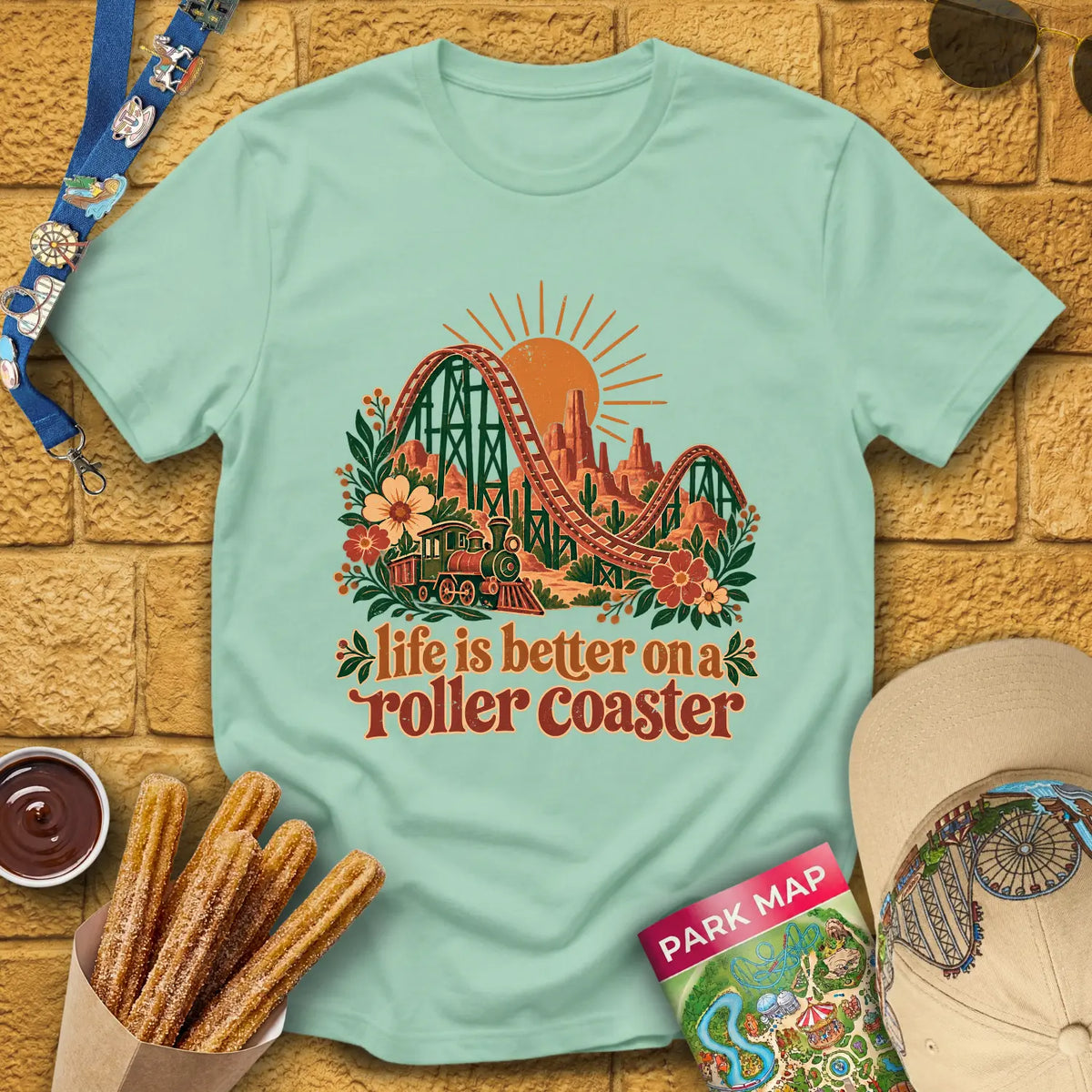Life's Better On Coaster [Boho] T-Shirt for Theme Park Fans (Mint Green)