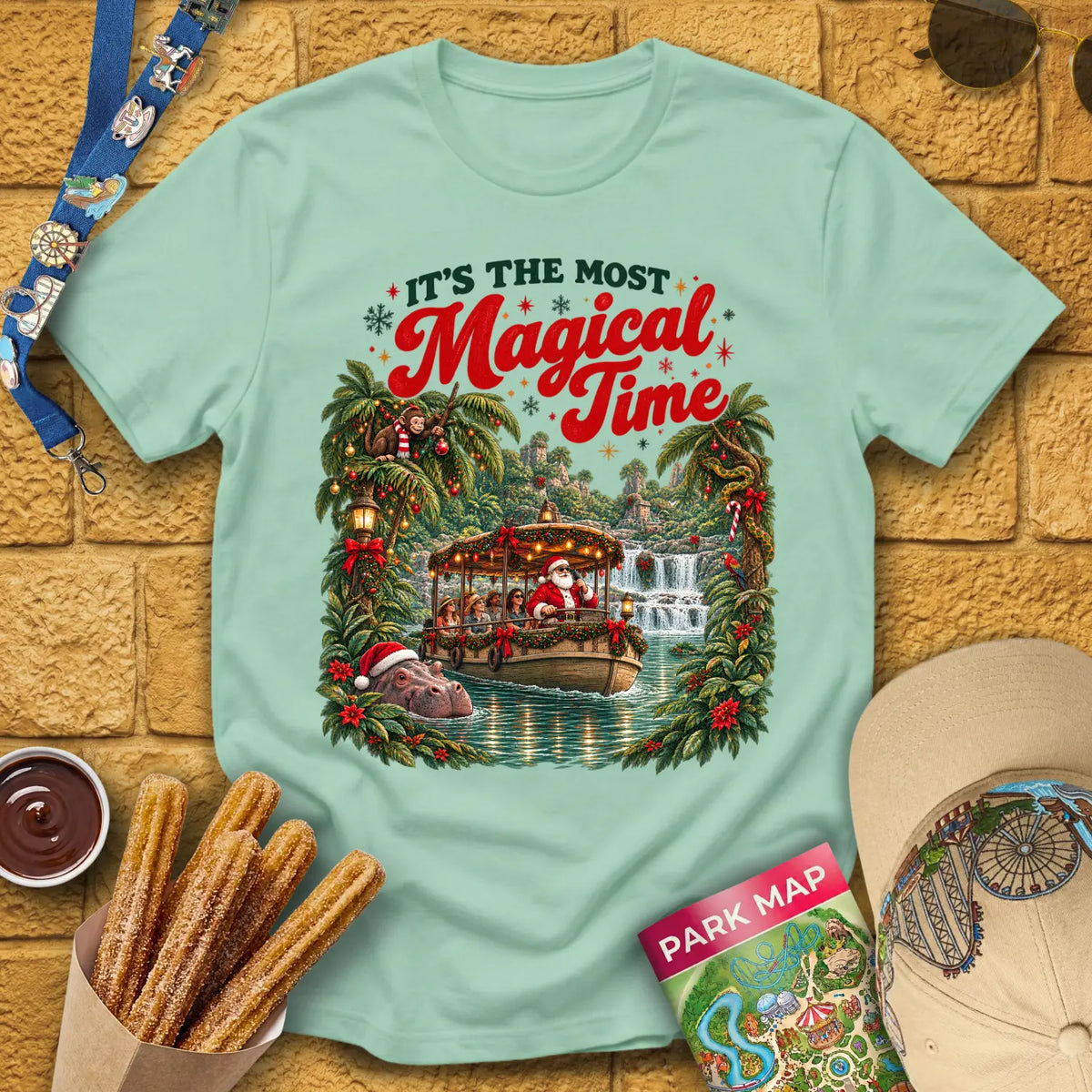 Magical Time Jungle [Retro] T-Shirt for Theme Park Fans (Mint Green)