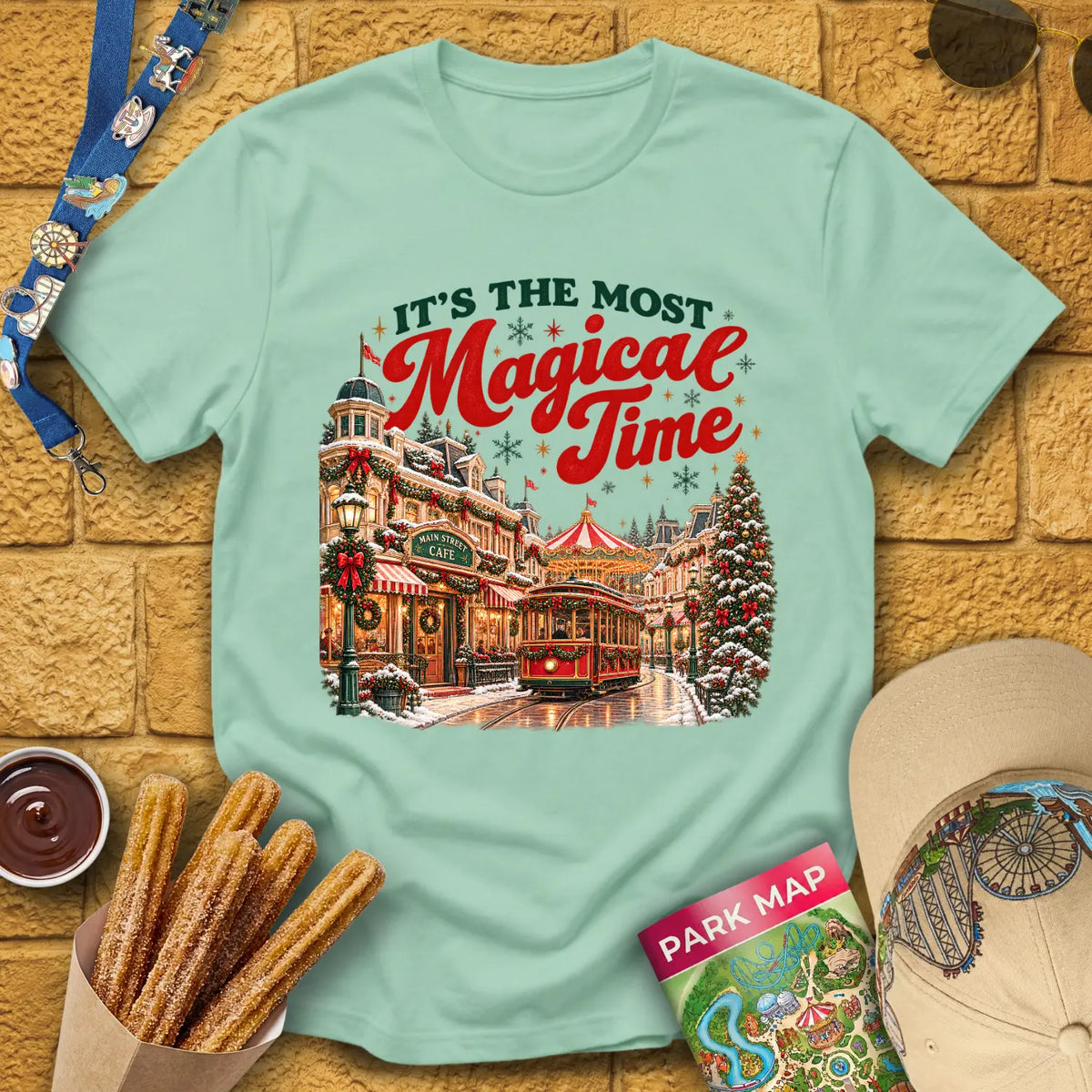 Magical Time Street [Retro] T-Shirt for Theme Park Fans (Mint Green)