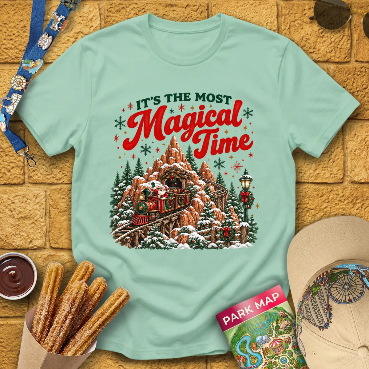 Magical Time Train [Retro] T-Shirt for Theme Park Fans (Mint Green)