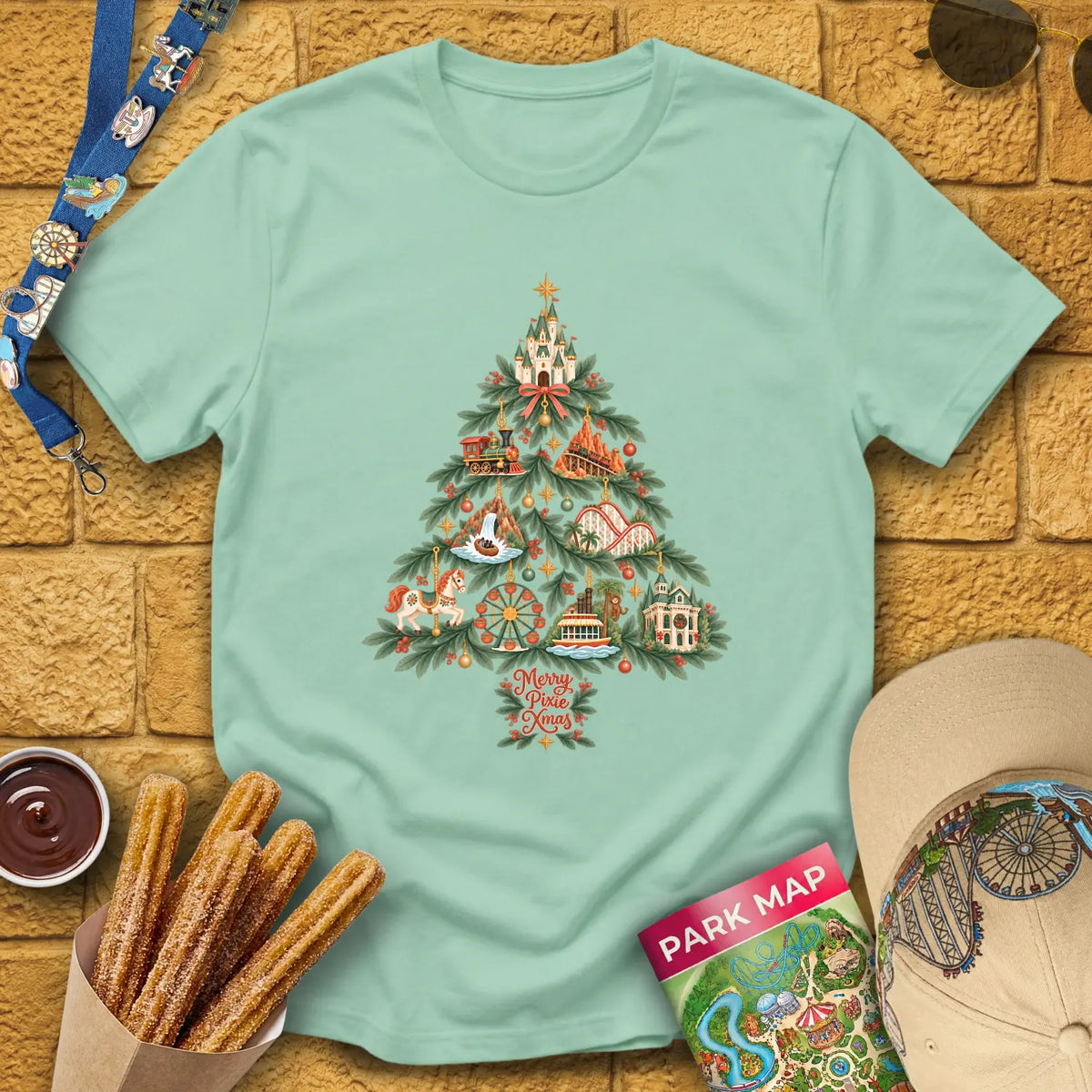 Merry Pixie Tree [FolkBoho] T-Shirt for Theme Park Fans (Mint Green)