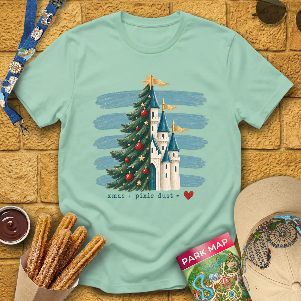 Tree & Castle [Rustic] T-Shirt for Theme Park Fans (Mint Green)
