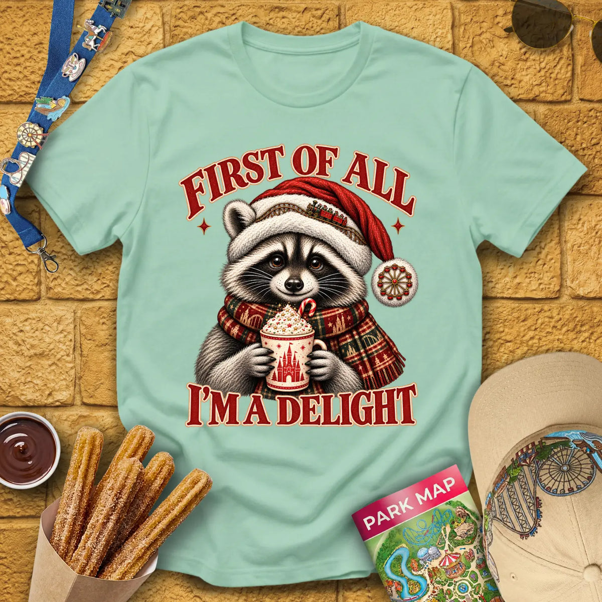 Xmas Raccoon [Etched] T-Shirt for Theme Park Fans (Mint Green)