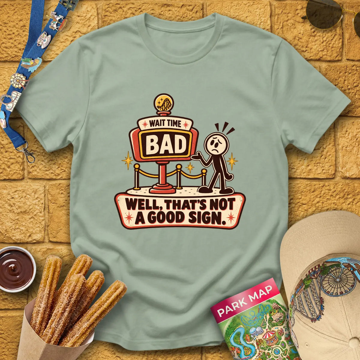 Bad Wait Time [RetroIllu] T-Shirt for Theme Park Fans (Sage)