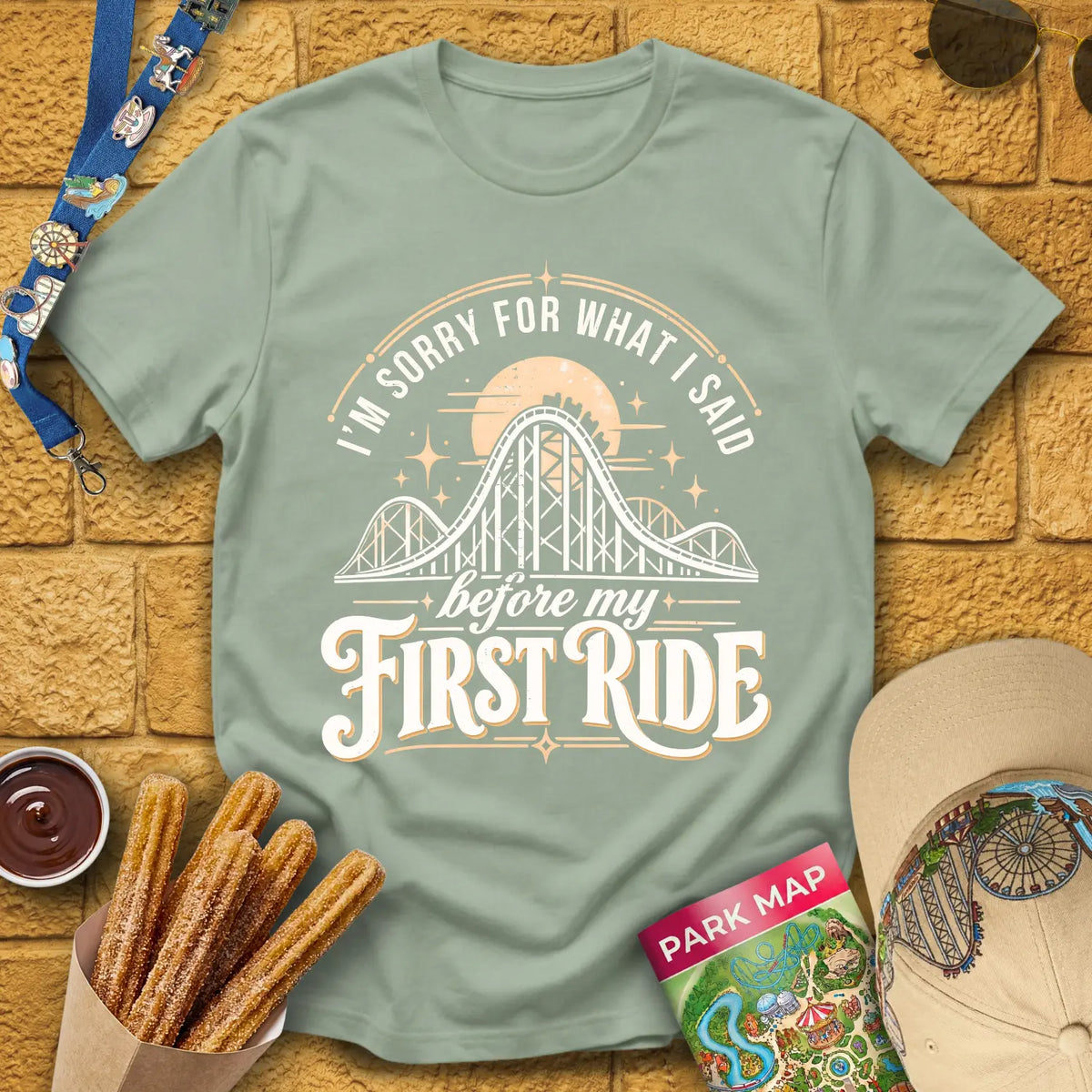 Before First Ride [MidCen] T-Shirt for Theme Park Fans (Sage)