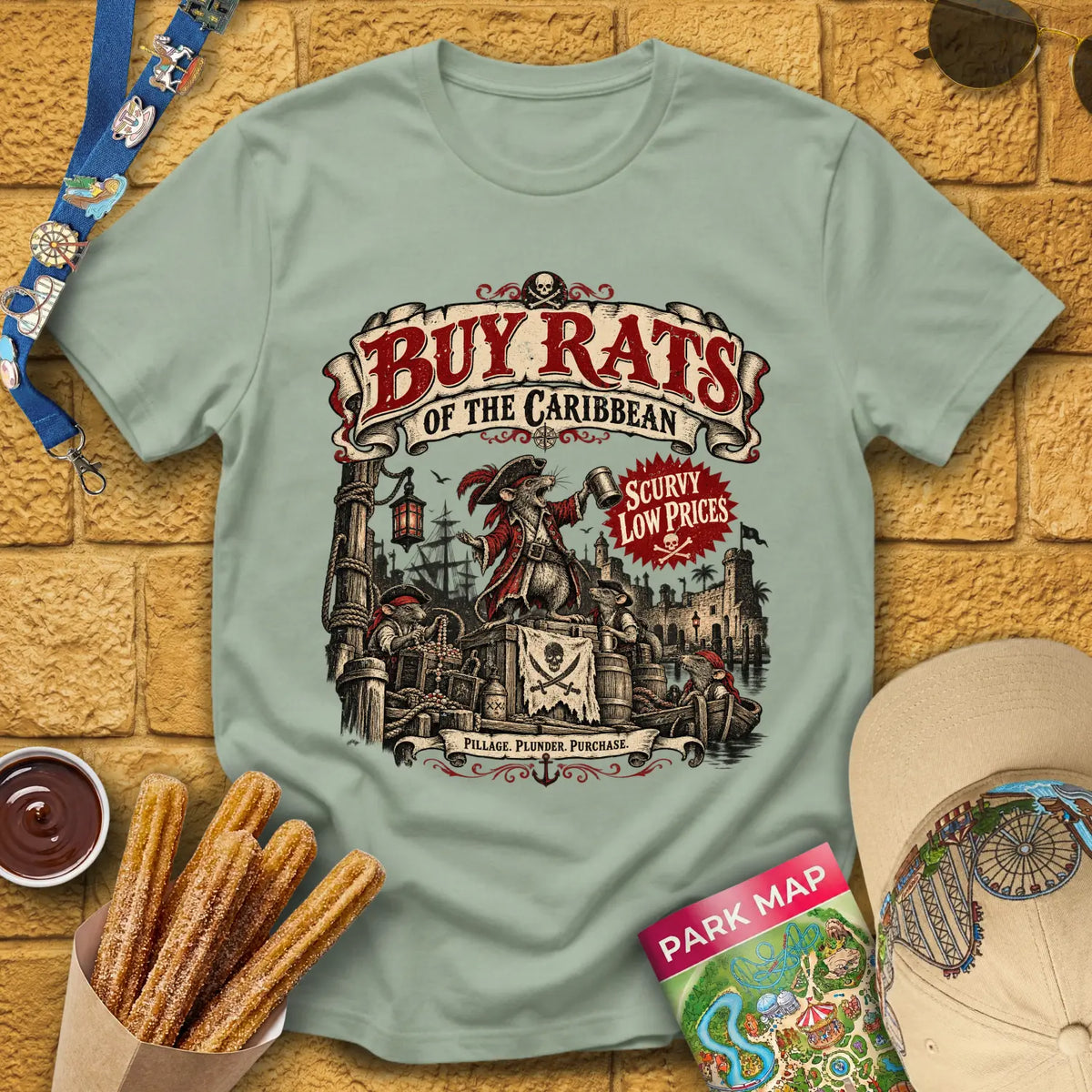 Buy Rats Caribbean [Poster] T-Shirt for Theme Park Fans (Sage)