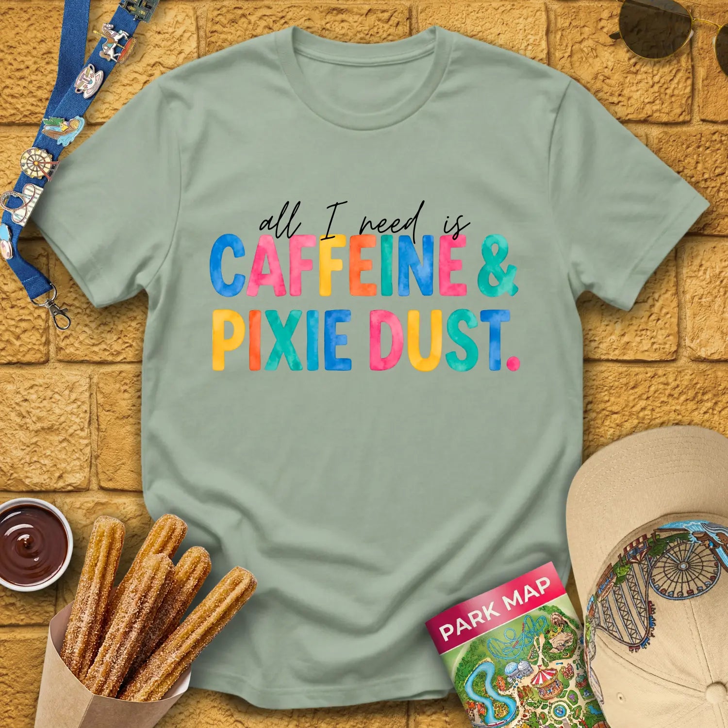 Caffeine & Pixie Dust [Colored] T-Shirt for Theme Park Fans (Sage)