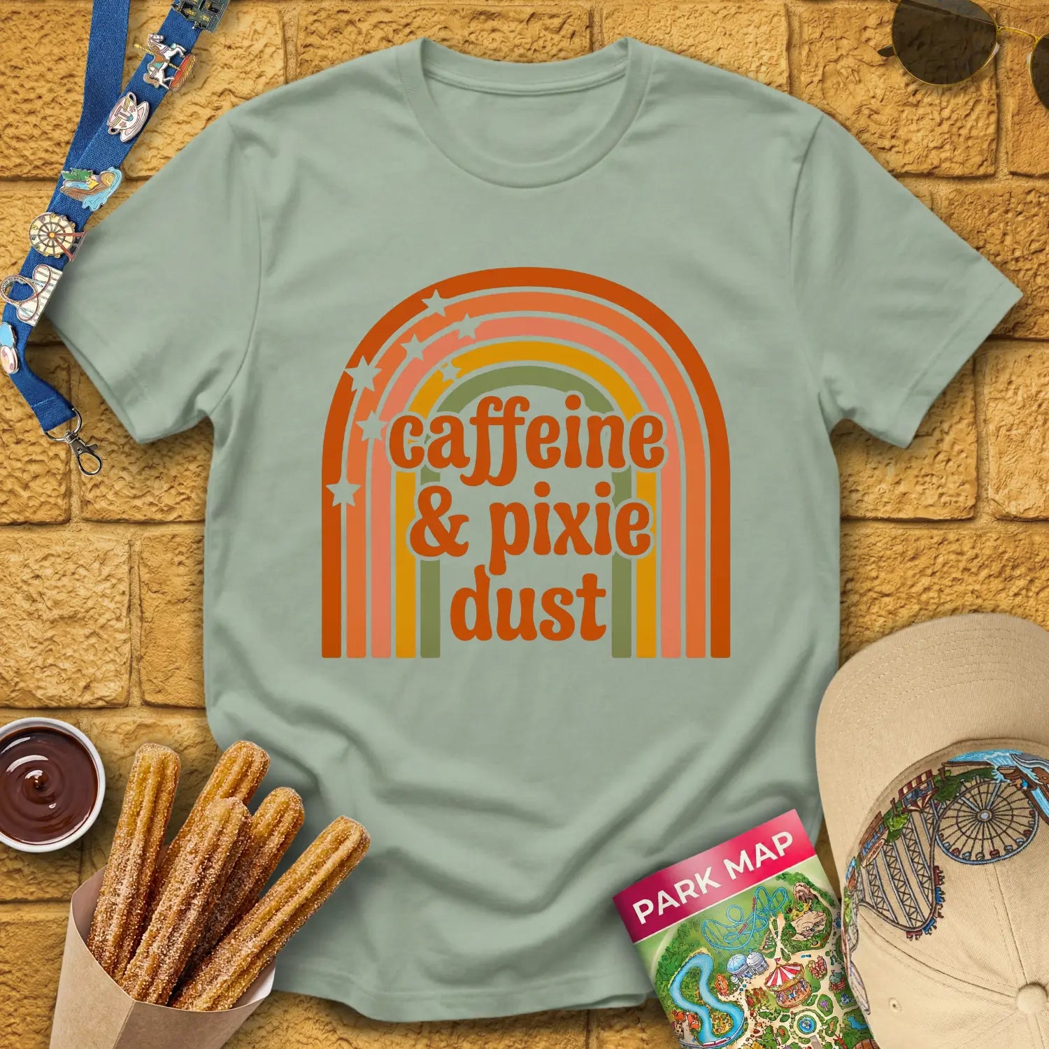 Caffeine & Pixie Dust [Cute70s] T-Shirt for Theme Park Fans (Sage)