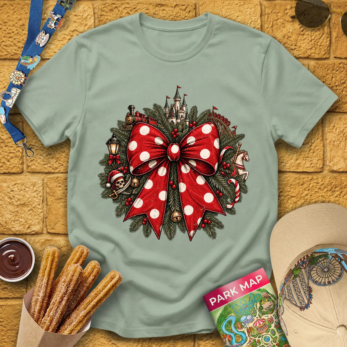 Christmas Ribbon [Vintage] T-Shirt for Theme Park Fans (Sage)