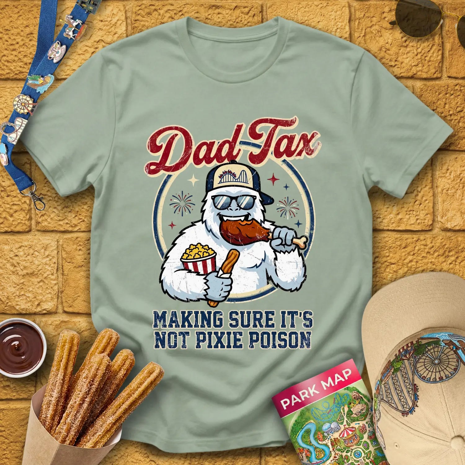 Dad Tax [Badge] T-Shirt for Theme Park Fans (Sage)