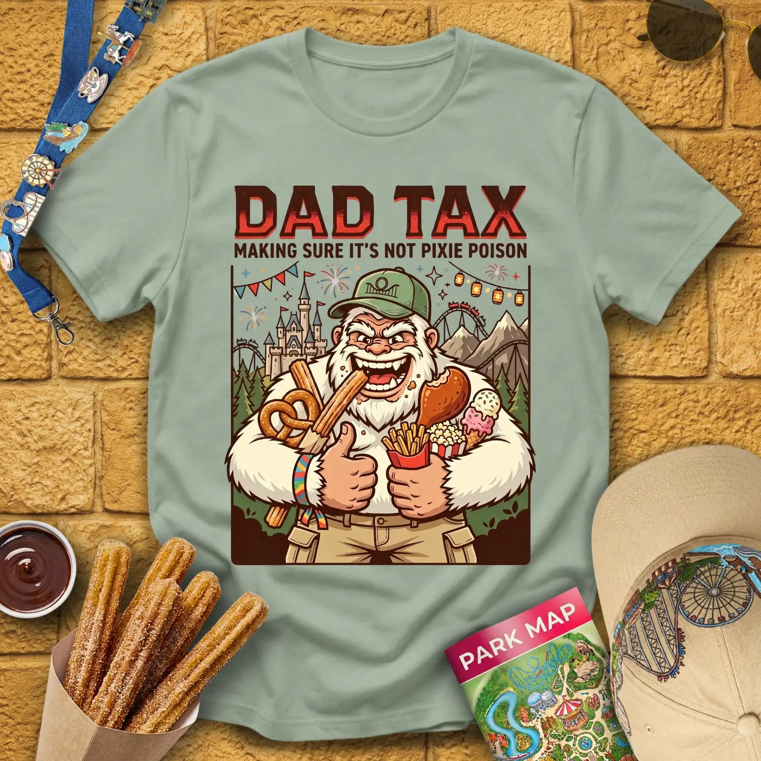 Dad Tax [Comic] T-Shirt for Theme Park Fans (Sage)