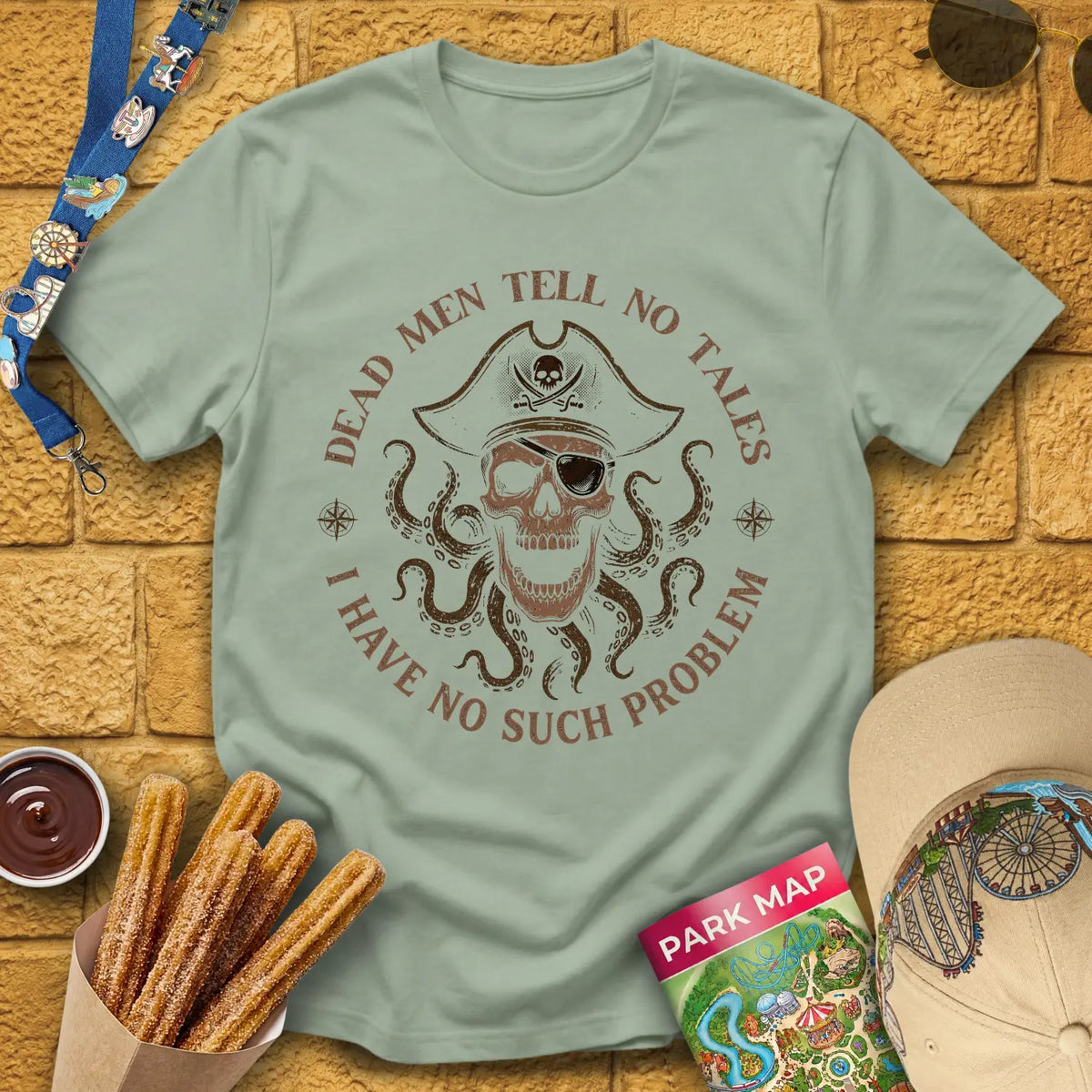 Dead Men Pirates [Circular] T-Shirt for Theme Park Fans (Sage)