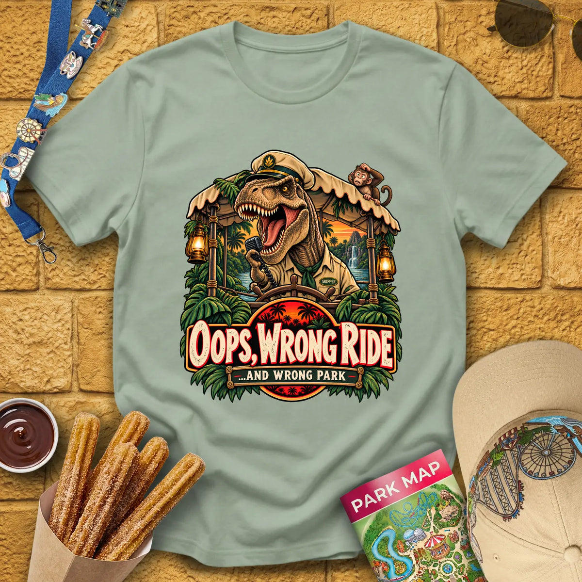 Dinosaur Skipper [Illu] T-Shirt for Theme Park Fans (Sage)