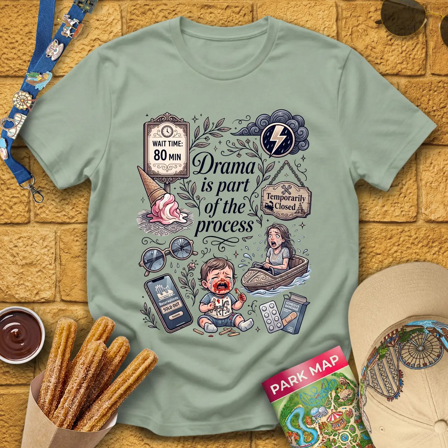 Drama Process [ArtComic] T-Shirt for Theme Park Fans (Sage)