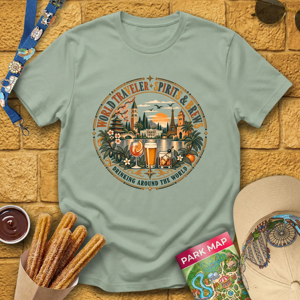 Drinking Around The World [Boho] T-Shirt for Theme Park Fans (Sage)