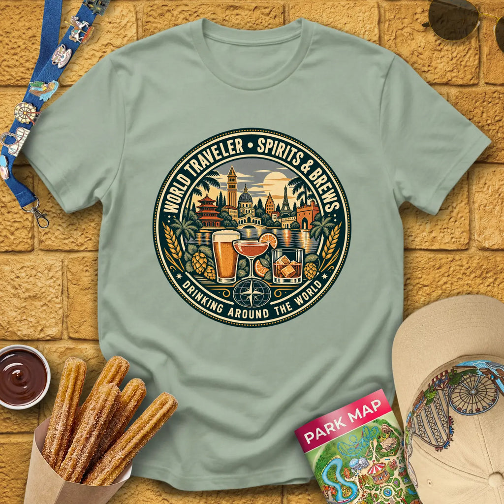 Drinking Around The World [Retro] T-Shirt for Theme Park Fans (Sage)