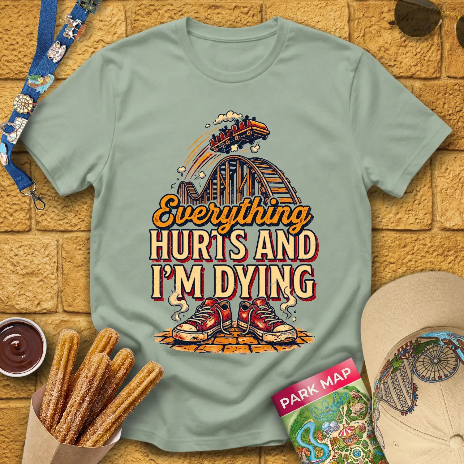 Everything Hurts [RetroBold] T-Shirt for Theme Park Fans (Sage)