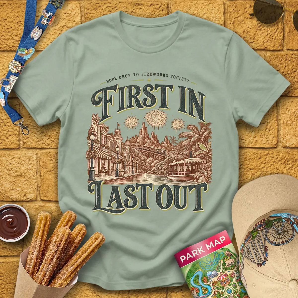 First In Last Out [Retro] T-Shirt for Theme Park Fans (Sage)