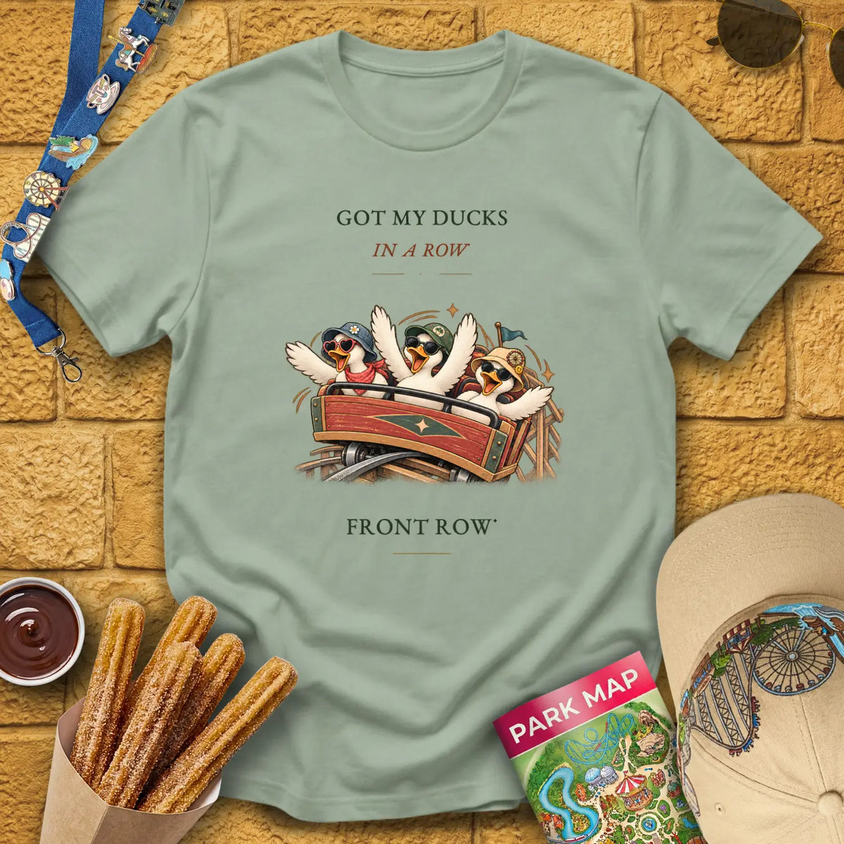 Front Row Ducks [RetroWhim] T-Shirt for Theme Park Fans (Sage)