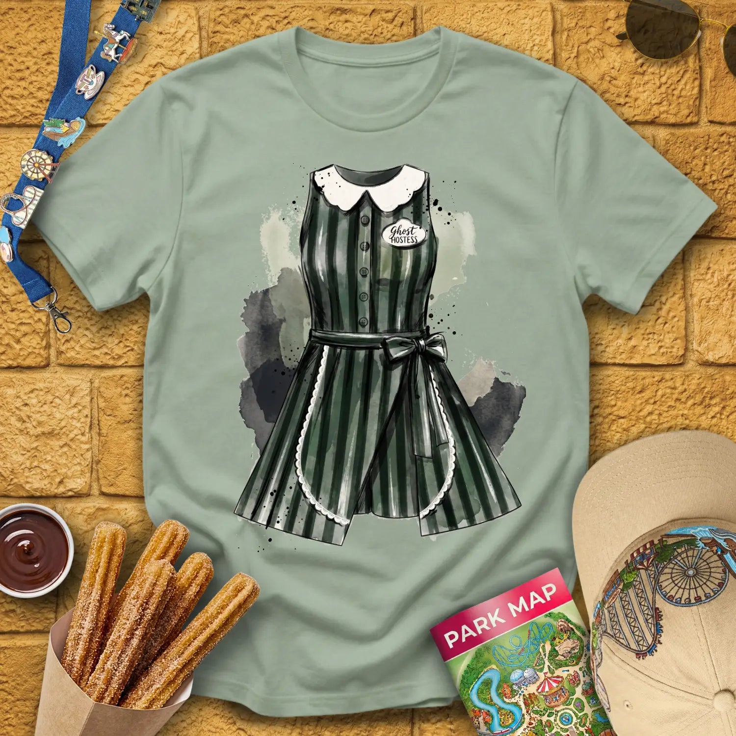 Ghost Hostess Dress [Artsy] T-Shirt for Theme Park Fans (Sage)