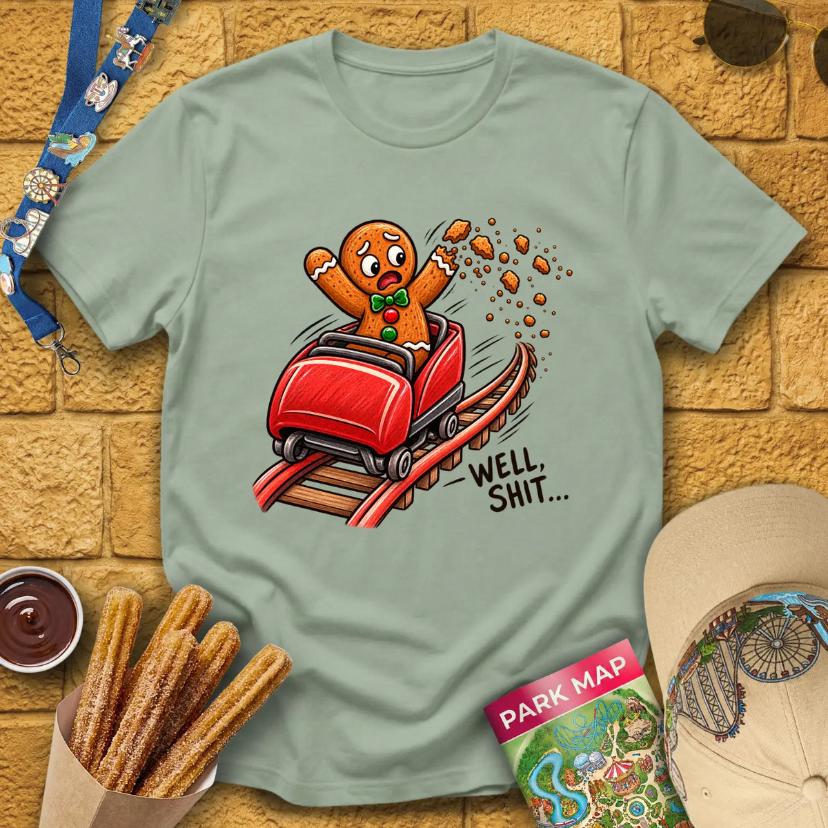 Gingerbread Man Fail [Crayon] T-Shirt for Theme Park Fans (Sage)