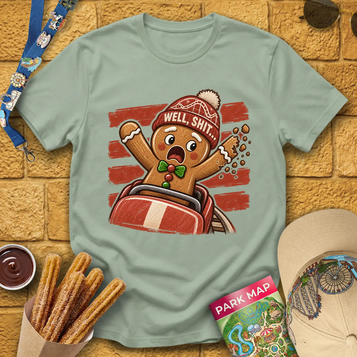 Gingerbread Man Fail [Striped] T-Shirt for Theme Park Fans (Sage)