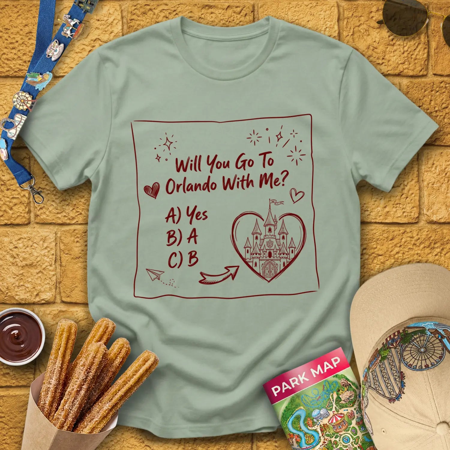 Go To Orlando [Doodle] T-Shirt for Theme Park Fans (Sage)