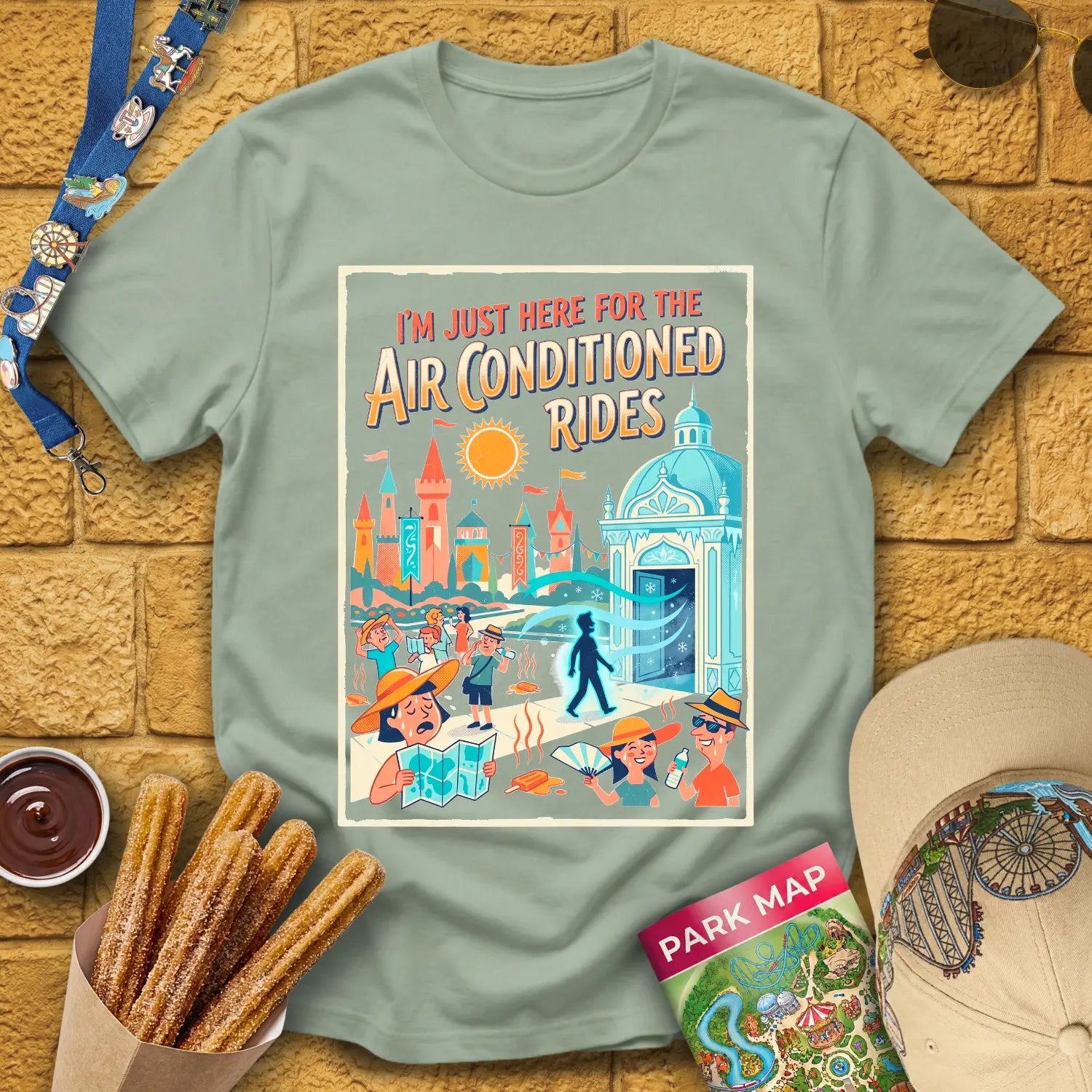 Here For AC Rides [RetroComic] T-Shirt for Theme Park Fans (Sage)