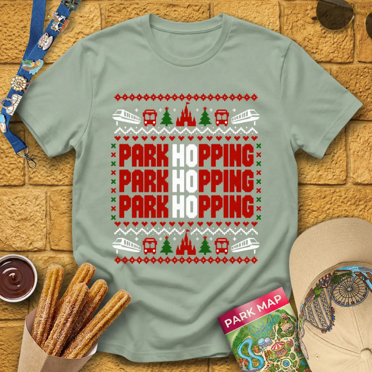 Ho Ho Hopping [PixKnit] T-Shirt for Theme Park Fans (Sage)